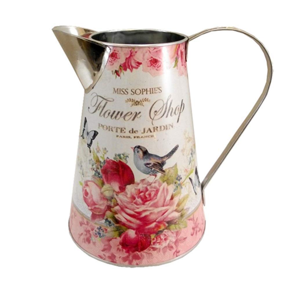 Florist Supplies Pink Large Jug Artificial Flower Vase Bluebird Rose Butterfly Design "Flower Shop" French Style Metal Decal Style 22Cm
