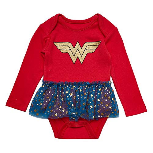 DC Comics Girls' Newborn Wonder Woman Long Sleeve Onesies Tutu Bodysuit Baby Girl Costume (Red/Blue/Yellow, 6-9 Months)
