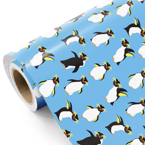 WRAPAHOLIC Penguin Wrapping Paper Roll - Mini Roll - 17 Inch x 16.5 Feet - Playful Penguin Animal Wrapping Paper for Birthday Baby Shower Wedding Bridal Shower