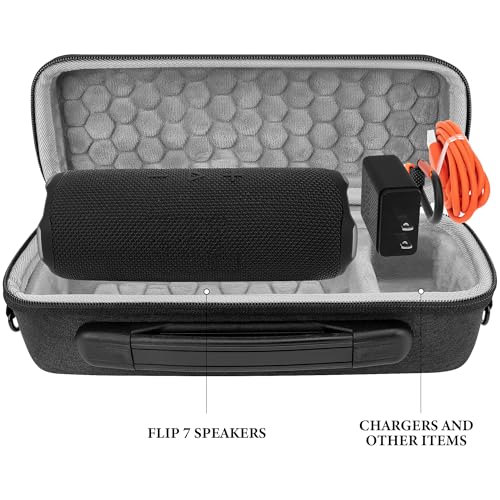 Image of Geekria Shield Speaker Case Compatible with JBL Flip 7 /6 /5 Replacement Hard Shell Portable Protective Carrying Bag with Cable Storage, Keychain Hook, Travel Shoulder Strap (Dark Grey)