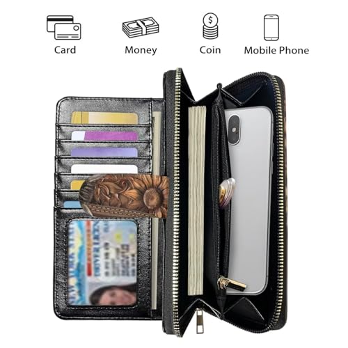 Image of COEQINE Ladies Wallets Pink Leopard Heart Black Printed Leather Phone Long Clutch Purses Check Coin Change Holder