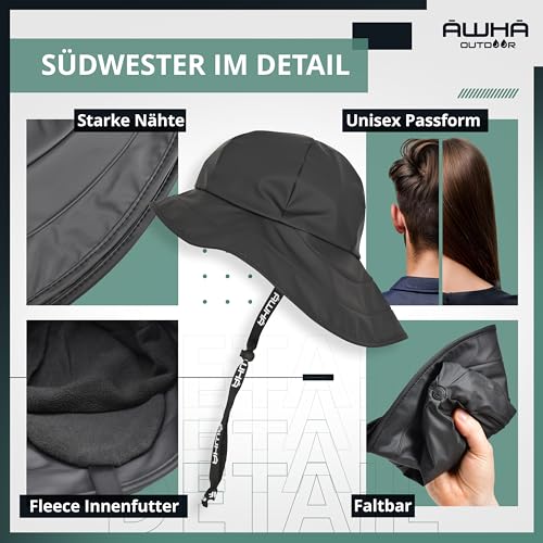 AWHA Südwester Regenhut schwarz/Unisex - wasserdichte Mütze mit breiter Krempe und Ohrenklappen
