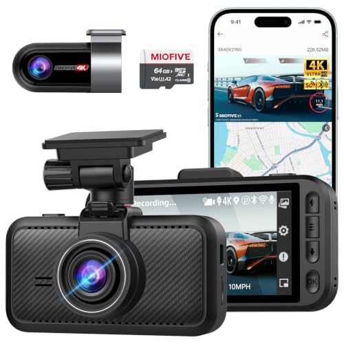 Dash Cam Front Rear, 4K Front + 4K Rear Full HD Dash Camera for Cars Built-in Wi-Fi Bluetooth GPS with 64GB SD Card, 3.0” IPS Screen with App Control, G-Sensor, HDR, Night Vision, 24H Parking Mode