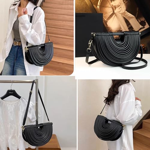 Image of Trendy Woven Evening Clutch Purse Half Round Designer Shoulder /Crossbody Bag Top-Handle Satchel Handbags