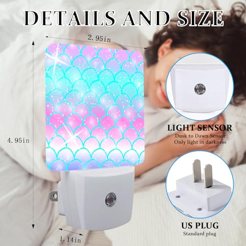 Image of Pink Mermaid Fish Night Light, Plug-into Wall Colourful Scale Wave Nightlight Lamp with Dusk to Dawn Sensor, Led Lamp 0.5W Energy Efficient for Boys Girls Adults Home Decor