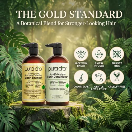 PURA D'OR Anti-Thinning Biotin Shampoo & Hair Regrowth Conditioner, CLINICALLY TESTED Effective Results, Thickening Herbal Blend For Women & Men, Original Gold Label Set, Natural Earthy Scent, 16oz x2