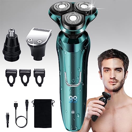 Electric Razor for Men, 2023 Menâs Electric Shavers Rotary LED Display/Waterproof/Rechargeable, 3-in-1 Beard Trimmer Nose Hair Trimmer Wet/Dry Shaving Portable Travel Razor Idea Giftï¼Greenï¼