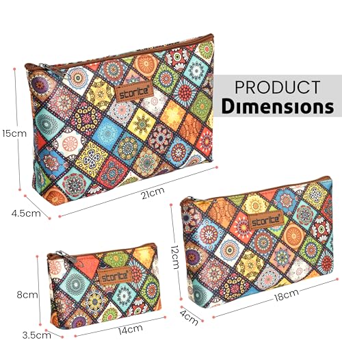 Image of Storite Set of 3 Printed Cosmetic Pouches for Women | Makeup, Toiletry & Travel Organizer Bags | Multicolor Zip Pouches