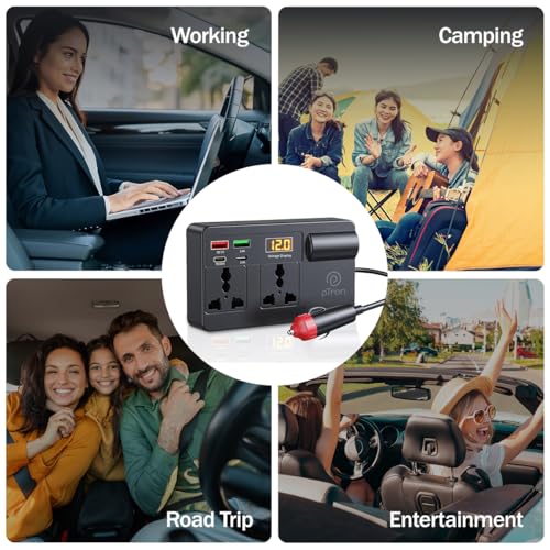 Image of pTron PowerEdge 200W Car Laptop Charger /Car Power Inverter with 2 USB (3A & 2.4A) + 2 Type-C (30WPD & 2.4A), Smart USB Charging Ports, 12V /24V DC to 220V AC, 2X Universal AC Outlet (Black)