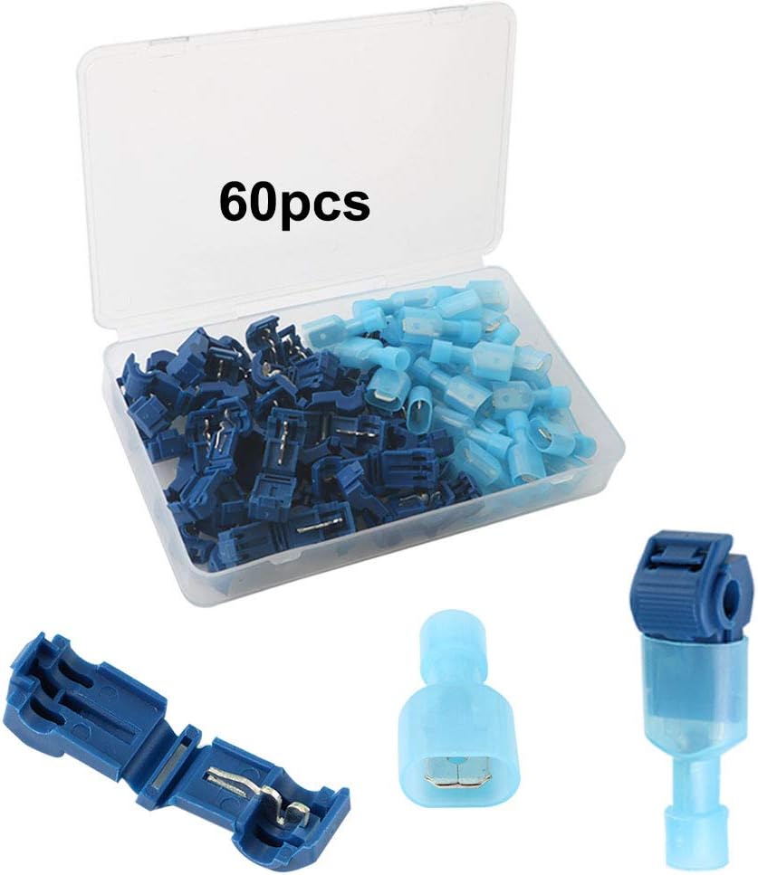60Pcs (30 Pairs) Premium T-Tap Wire Terminals Kit, T-Tap Self-Stripping Wire Connectors with Nylon Fully Insulated Male Quick Disconnect (Blue)