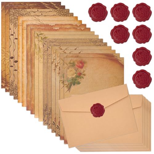 EUIEUT 16 Stück Briefpapier B5 Vintage Briefpapier mit Umschlag Set Schreibpapier Kraftpapier Briefumschläge Retro Briefschreibset Letter Paper mit 16 Wachssiegel Aufkleber 16 Kraft Briefumschläge