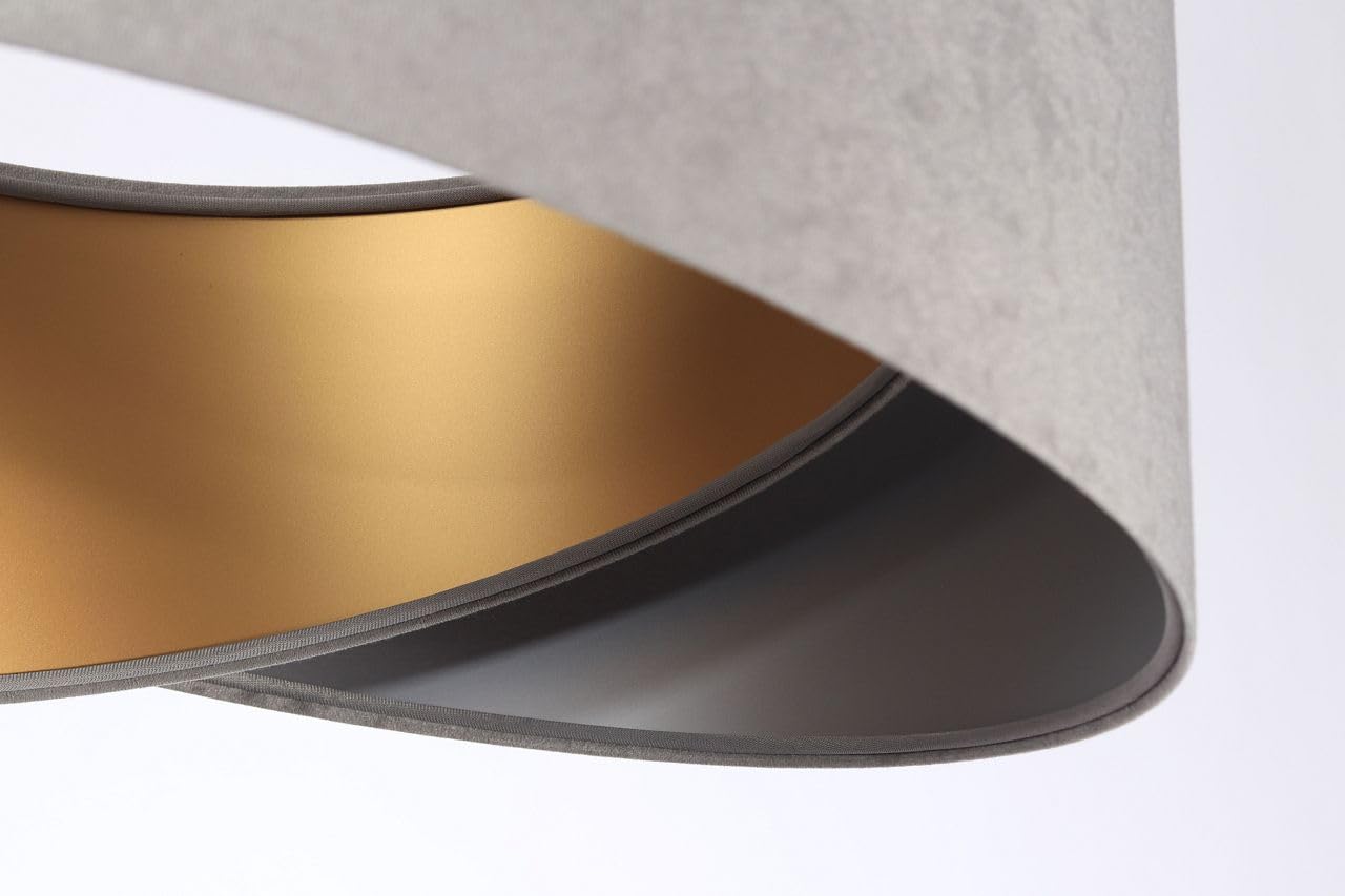 Licht-Erlebnisse Hängeleuchte Stoff E27 rund D: 50 cm in Grau Gold Silber Velours Optik Doppelschirm Modern verstellbare Hängelampe Wohnzimmer Schlafzimmer