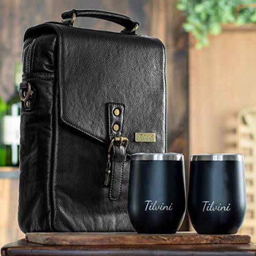 Wine Carrier Bag With 2 Stainless Steel Wine Tumblers With Lid. Insulated Leather