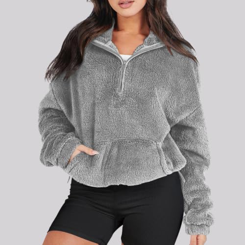 Quarter Zip Women Sweatshirt Mock Neck Fleece Pullover Teddy Sherpa Jacket — view 2