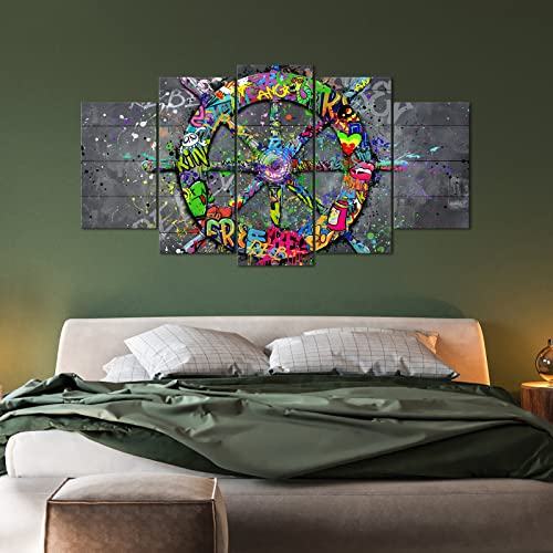Klvos Nautical Beach Wall Art Boat Ship Steering Wheel Canvas Prints Wall Decor 5 Panel Graffiti Banksy Artwork Framed Stretched For Living Room Bedroom Home Decor #TOP5