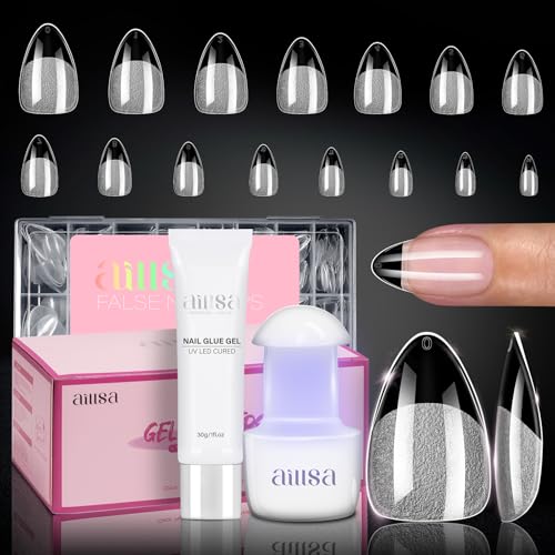 AILLSA Gel Nail Extension Kit Short Almond Nail Tips, Nail Glue & U V Lamp