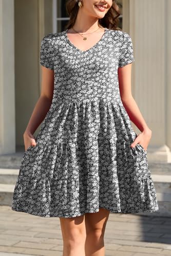 Image of nclook Womens Summer Casual Dress Sweet Cute V Neck Mini Dress with Pocket Short Sleeve