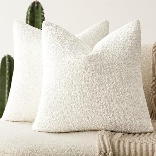 Image of Foindtower Set of 2, Decorative Textured Boucle Throw Pillow Covers Accent Solid Pillow Cases Neutral Soft Cozy Couch Cushion Case for Chair Sofa Bedroom Living Room Home Decor 16 x 16 Inch White