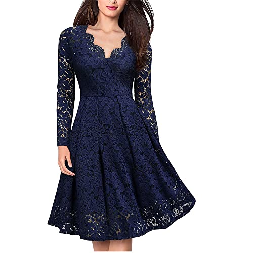 Damen Retro Spitzenkleider V-Ausschnitt Langarm Mesh Tunika Partykleid Sommer V-Rücken Party A-Linie Kleid (Dunkelblau,M)