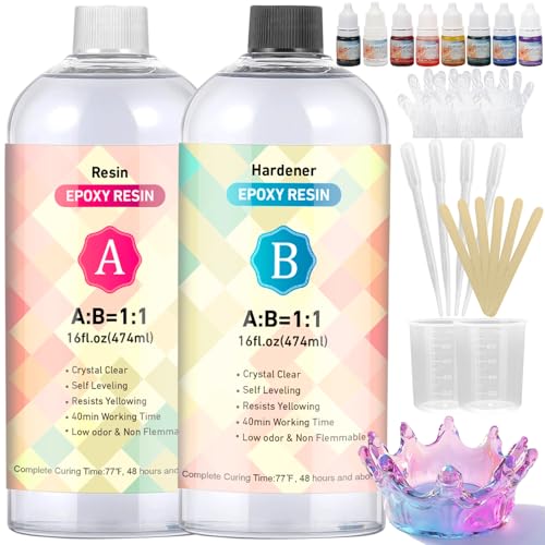 Smatdecis Epoxidharz Set 948 ml (32oz) 1: 1-Verhältnis Transparent & Hochglanz Epoxy Resin - Kristallklar Kunstharz-Beschichtung Epoxidharz Set Anfänger Gießharz inkl. 8 Farbpigmente