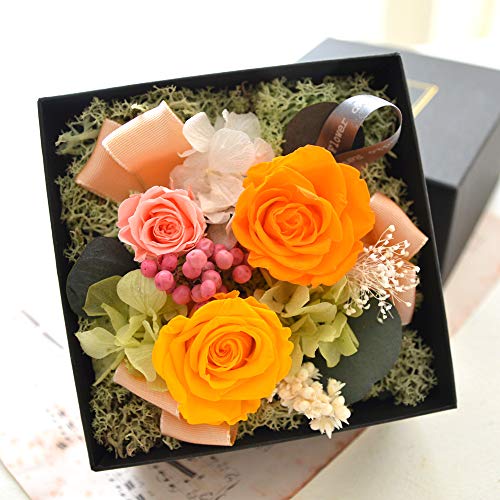本物！プリザーブドフラワー ギフト 香る フラワーボックス 【アロマbox】 プレゼント フラワー ボックス入り アレンジ 香り付き (オレンジイエロー)