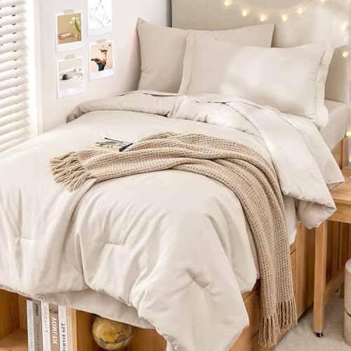 MUXHOMO 5 Pieces Twin XL Comforter Set Soft Bed in a Bag Twin XL Size All Season Bedding Set with Comforter Flat Sheet Fitted Sheet Pillowcases & Shams Beige