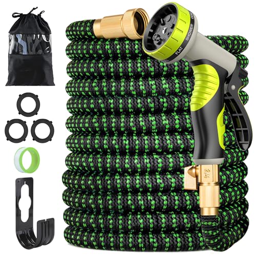 Expandable Garden Hose 30ft Flexible Water Hose with 10 Function Nozzle Upgraded Expandable Water Hose 3/4" Solid Brass Fittings with Leakproof Retractable Hose for Gardening,Car,Pet Washing Green