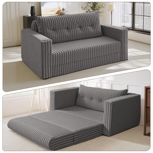 Image of HABUTWAY 49.8 inch Loveseat Boneless Couch, 4-in-1 Convertible Sofa Bed, Plush Fur Folding Futon Sofa Bed Couches with a Pillow for Living Room, High-Density Foam Support, No Assembly Required, Grey