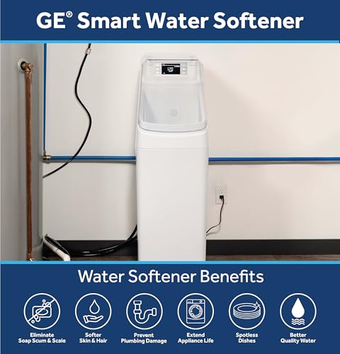 Image of Bundle of GE Smart Water Softener + GE Remote Water Shutoff Valve, 45,000 Grain, Reduce Hard Minerals to Whole House, Built-in WiFi with Water Flow Alerts, Leak Detection & Remote Water Shutoff