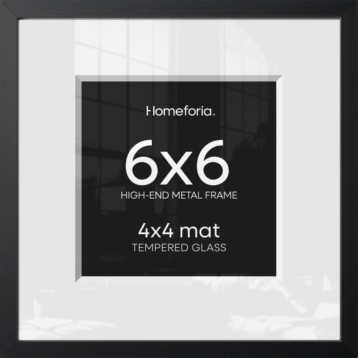 Homeforia 6x6 Black Picture Frame, High-End Metal, 4x4 Mat, Glass