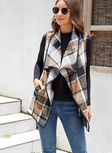 Image of YACUN Women Plaid Vest Lapel Open Front Sleeveless Cardigan