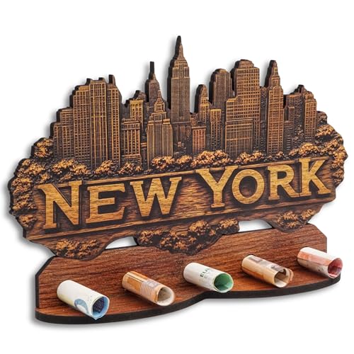 DRO Design Geldgeschenke, Geschenkverpackung Holz-Optik New York Motiv – Bargeldgeschenk, Geldpräsent, Kreatives Geldgeschenk, Geburtstag, Hochzeit, Weihnachten