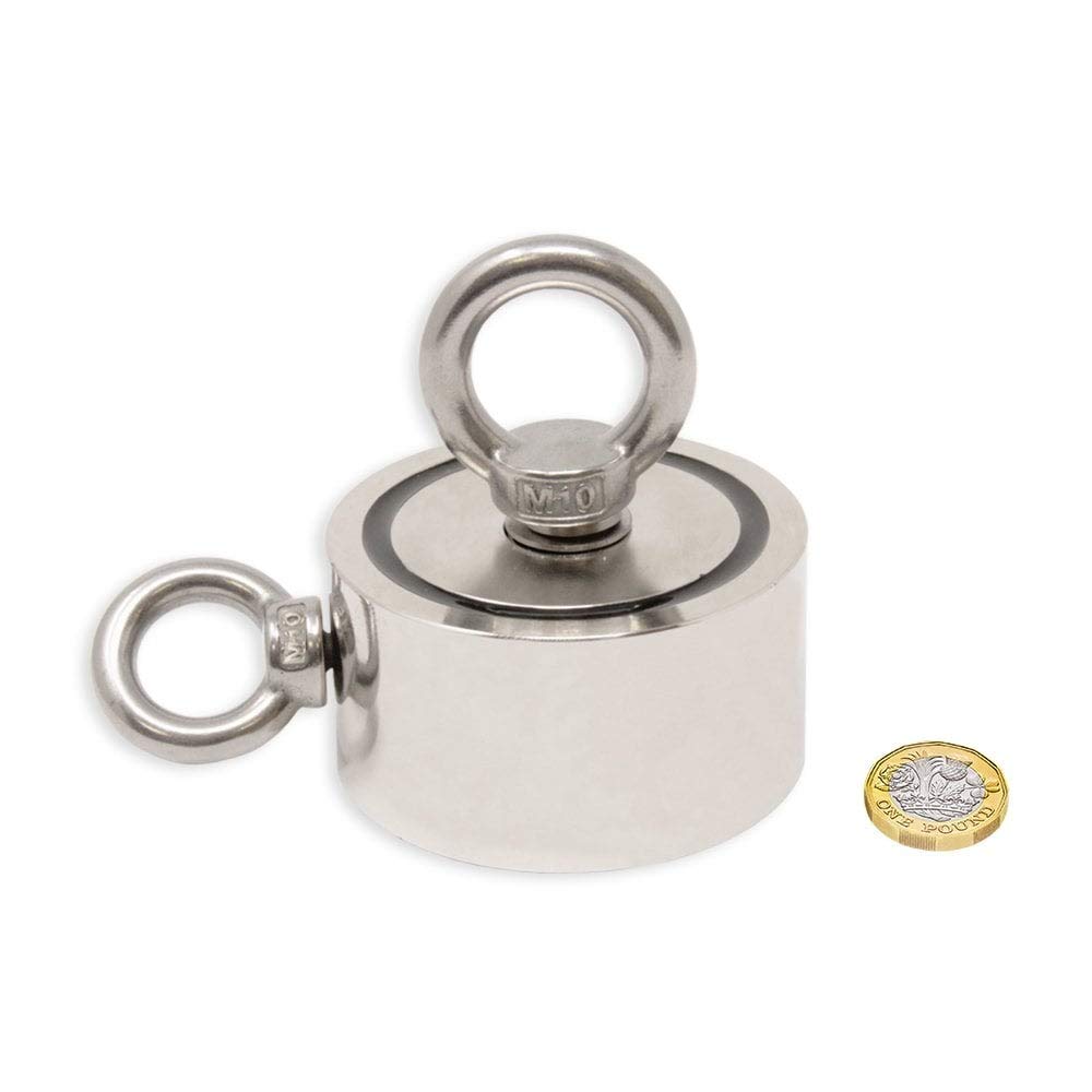 Magnet de Bote de Neodimio N42 Con 1X M10 Y 1X M8 Eyebolt Y 10M Cordida Para Pesca Por Imán, Recuperación Y Caza de Tesoros - 75mm de Diámetro x 25mm - 200kg