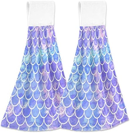 Fantasy Galaxy Scales Kitchen Hand Towels Mermaid Fish Hanging Towel Dishcloths with Loop 2PCS, Soft Super Absorbent Fingertip Towel for Bathroom Washroom Guestroom Hotel 12x17 in