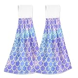 Fantasy Galaxy Scales Kitchen Hand Towels Mermaid Fish Hanging Towel Dishcloths with Loop 2PCS, Soft
