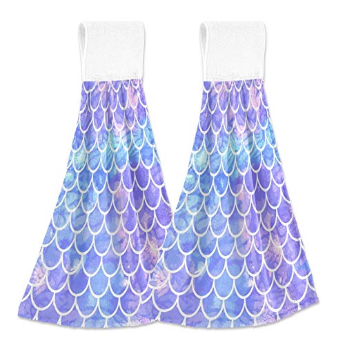 Fantasy Galaxy Scales Kitchen Hand Towels Mermaid Fish Hanging Towel Dishcloths With Loop 2Pcs, Soft Super Absorbent Fingertip Towel For Bathroom Washroom Guestroom Hotel 12X17 In #TOP26