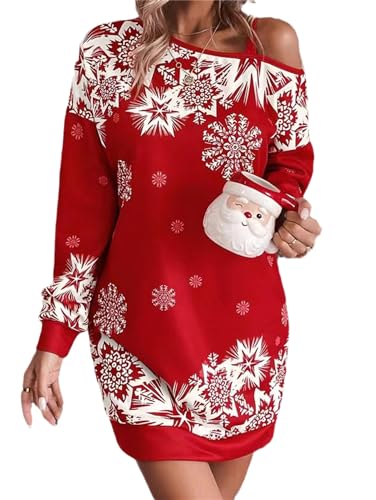 tinetill Weihnachtskleid Damen Schnee Druck Kleid Langarm Rundhals Weihnachtskostüme Herbst Winter A-Linie Minikleid Vintage Elegant Pullover Kleid
