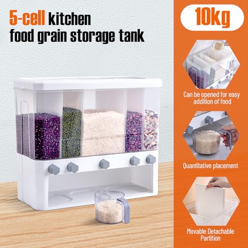 Distributeur de céréales plastique boîte de rangement murale 5 compartiments aliments secs - 4