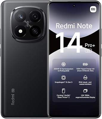 Xiaomi Redmi Note 14 Pro+ 5G smartphone, 12+512GB, black, 200MP pro-grade AI camera, IP68, 120W HyperCharge, AI features (no charger included),