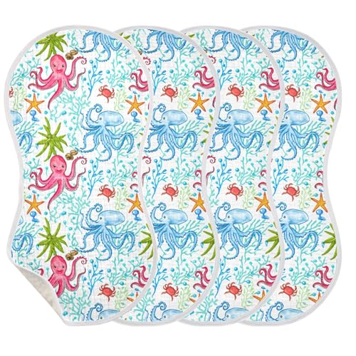 xigua Colorful Octopuses Muslin Baby Burp Cloths Set of 4, Super Soft & Absorbent Burping Rags, Cotton Burp Clothes Shower Gift for Newborn, Baby Girls and Boys3