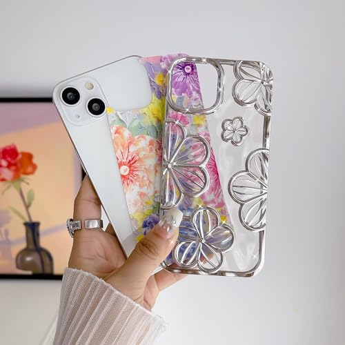 Image of mobistyle Designed for iPhone 14 Plus Cover| Electroplating Bling Colourful Floral 3D TPU Camera Protection Back Cover Case for Girls & Women (Silver Electroplating Flowers)