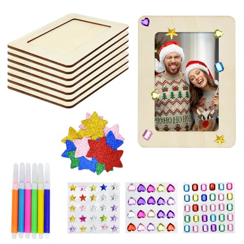 YAANBUNB 8PCS Marcos de Fotos, Marcos de Cuadros de Madera 19 x 14cm, Marco Dibujos Infantiles con 3 Pegatinas Decorativas,15 Estrellas y 6 Bolígrafos de Colores para DIY Marcos de Fotos Creativos