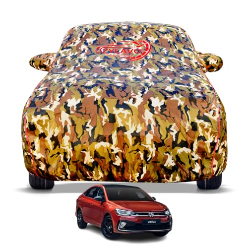 Image of Premium Car Cover for Volkswagen Virtus 2022-2026 Models | Waterproof, UV & Dust Protection | Mirror & Antenna Pocket | Triple Stitched, Soft Inner Lining, Belt & Buckle (Jungle Print)