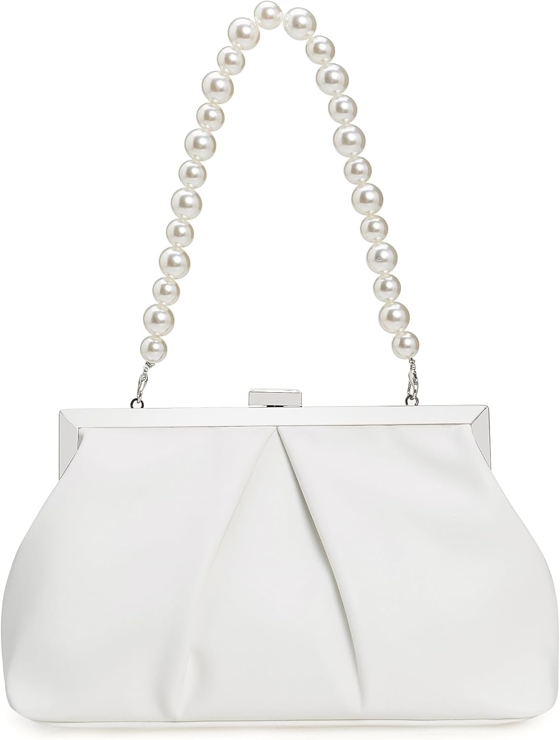 CHARMING TAILOR Faux Leather Clutch Purse Ruched PU Metal Frame Formal Evening Bag with Pearl Starp