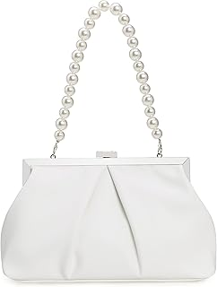 CHARMING TAILOR Faux Leather Clutch Purse Ruched PU Metal Frame Formal Evening Bag with Pearl Starp