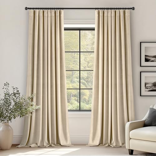 ANRODUO Beige Velvet Curtains 96 Inches Long Blackout Thermal Insulated Soundproof Curtain Privacy Room Darkening Curtains Pinch Pleat Window Drapes for Bedroom Living Room 42 x 96 Inch Set of 2