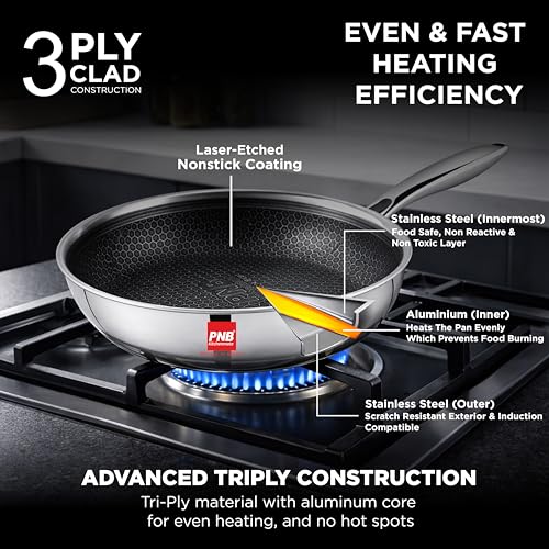 Image of PNB Kitchenmate Triply Fry pan Non Stick with Glass Lid -24 cm| Honey Comb Frying pan with Lid | Frying pan nonstick | Nonstick Fry pan | Metal Spoon Friendly, Stay-Cool Handle | 5-Year Warranty