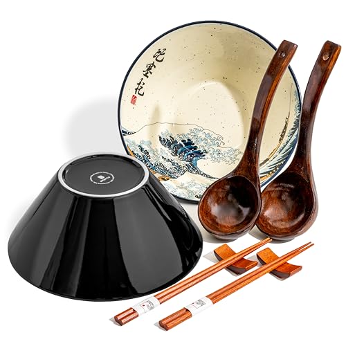 Bicetto Japanese Ramen Bowl Set With Great Wave Design - 60Oz Large Ceramic Bowls, Spoons, Chopsticks For Ramen, Pho, Salad, Poke - Premium Gift For Ramen Lovers - Microwave & Dishwasher Safe