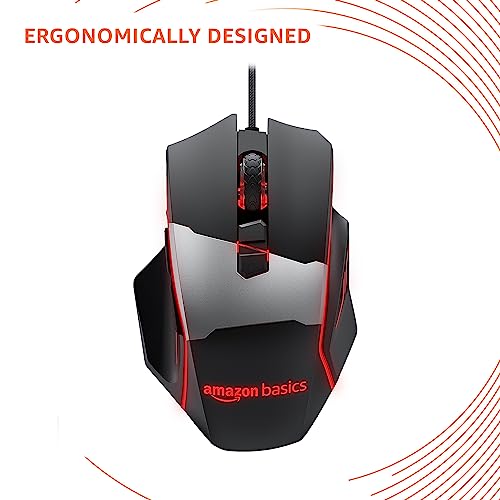 Image of AmazonBasics USB Wired Blue Track and Blue Sensor, Ergonomic Gaming Mouse with 7 Programmable Keys | 6400 DPI