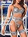 Kaei&Shi Sexy Lingerie Garter For Women,Stripper Set Strappy Exotic Underwear 4 Piece Matching Thong Belt Black Silver Medium